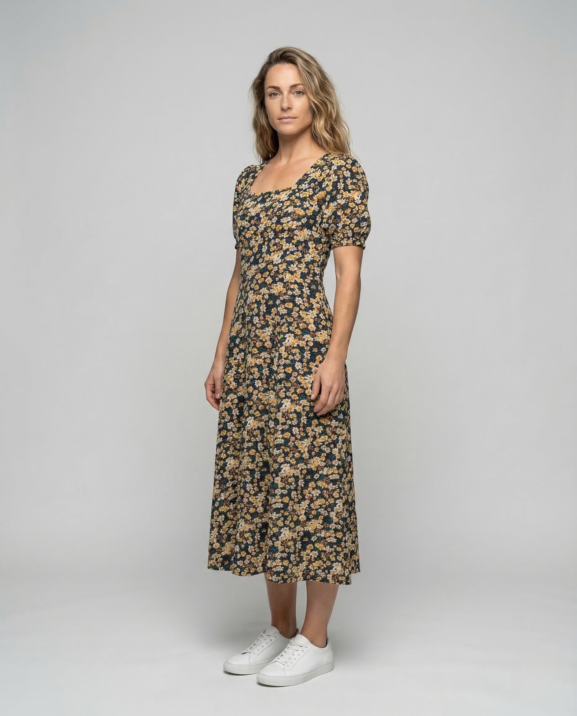 Damen Midikleid mit Blumenmuster und Puffärmeln - Norvielle