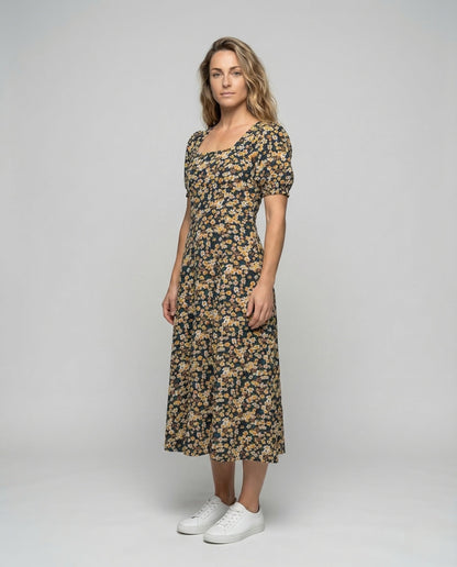 Damen Midikleid mit Blumenmuster und Puffärmeln - Norvielle