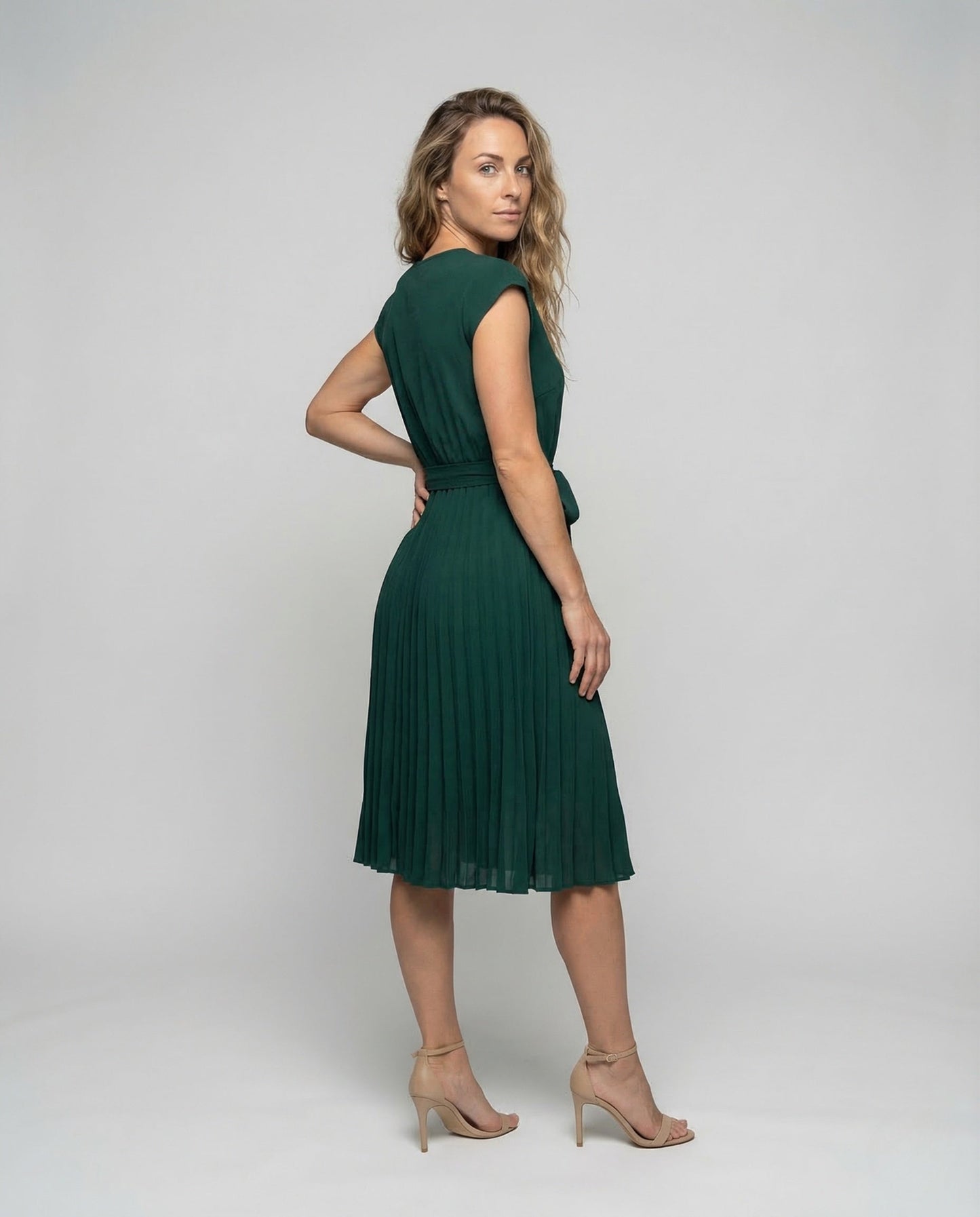 Damen Midikleid Plissee Rundhals mit Gürtel - Norvielle