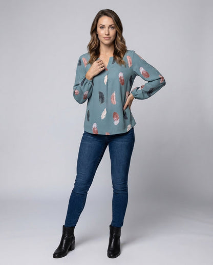 Damen Bluse Chiffon Federmotiv Ballonärmel - Norvielle