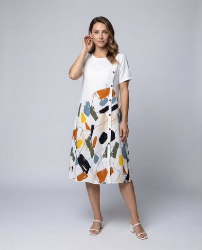 Damen Leinen Midi-Kleid mit Druck - Norvielle