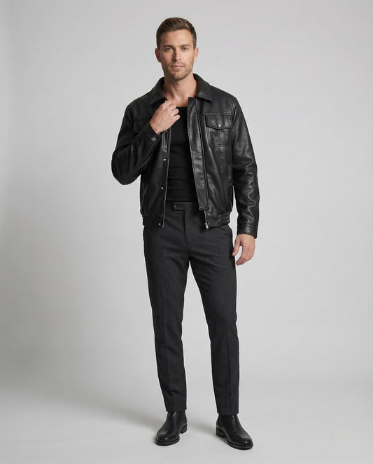 Herren Workerjacke Kunstleder mit Pattentaschen Schwarz - Norvielle
