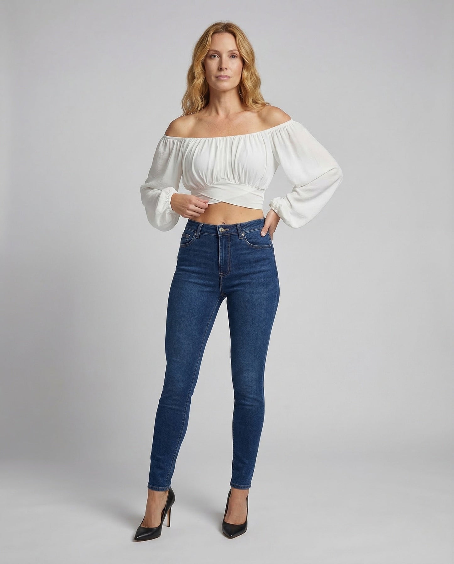 Damen Crop Puffärmel Baumwolle Weiß - Norvielle