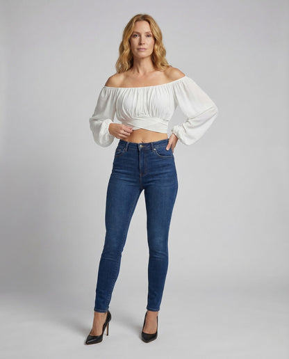 Damen Crop Puffärmel Baumwolle Weiß - Norvielle
