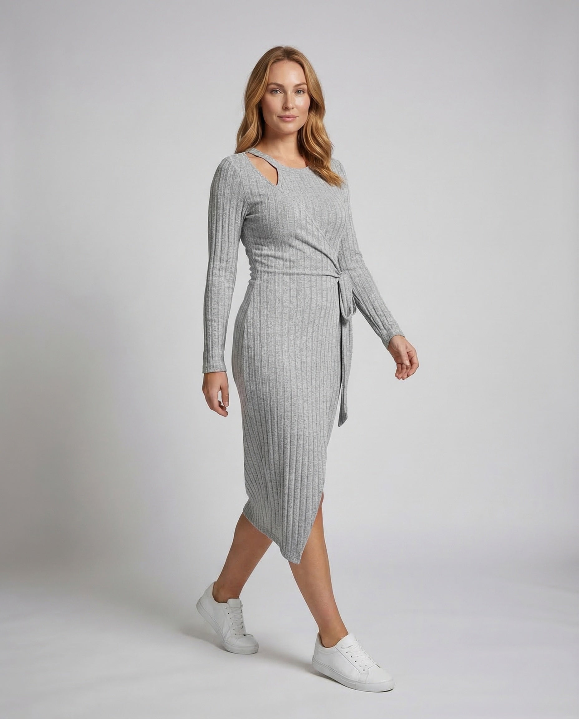 Damen Midikleid Rippstrick Wickeldetail Schlitz - Norvielle