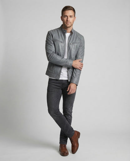 Herren Lederjacke Slim Fit Stehkragen - Norvielle