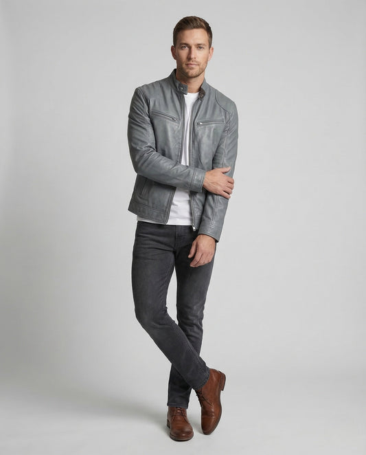 Herren Lederjacke Slim Fit Stehkragen - Norvielle