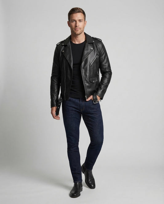 Herren Bikerjacke Kunstleder Asymmetrisch Schwarz - Norvielle