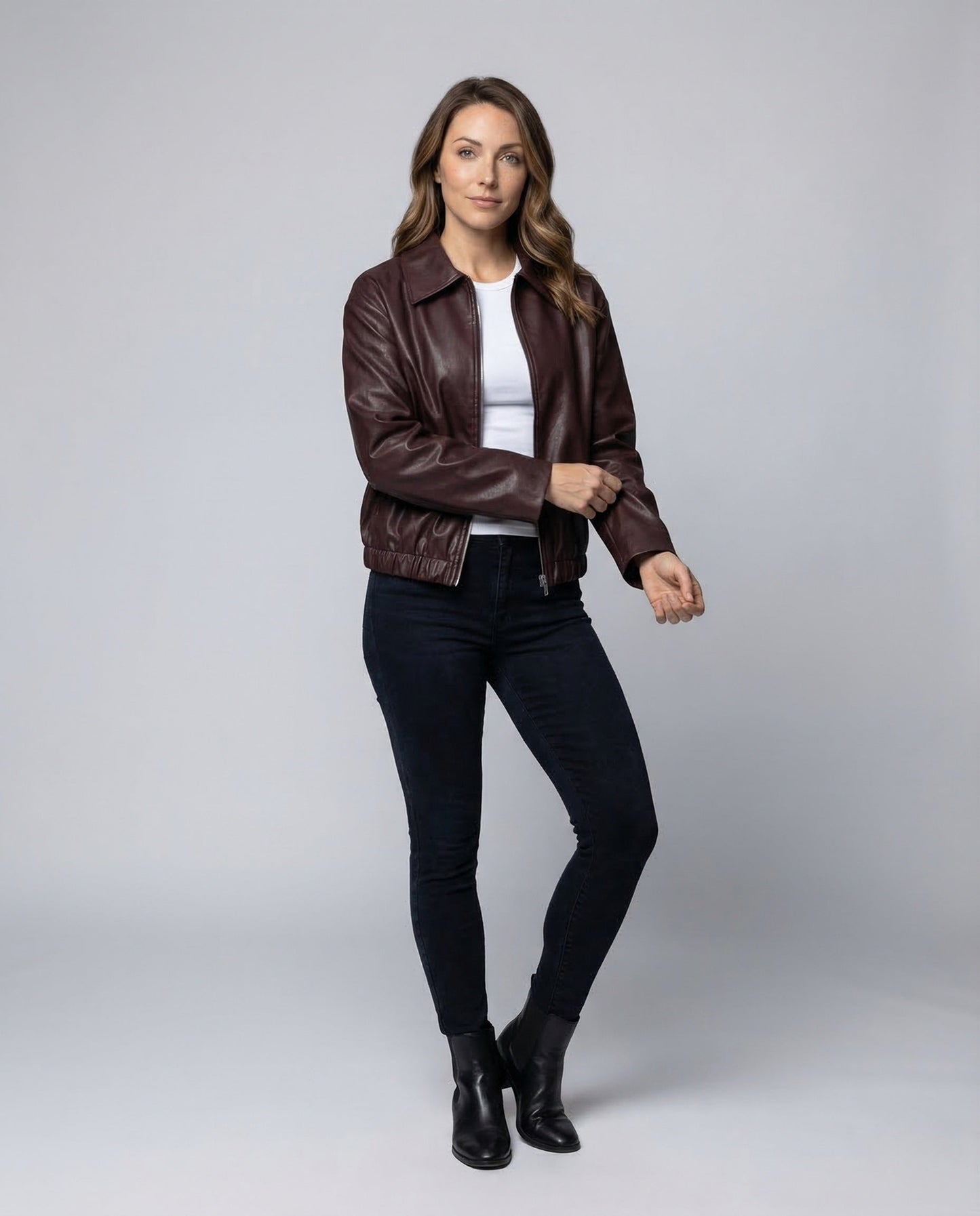Damen Lederjacke Kurz Hemdkragen Kunstleder Schwarz - Norvielle