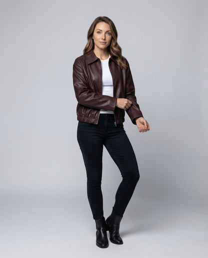 Damen Lederjacke Kurz Hemdkragen Kunstleder Schwarz - Norvielle