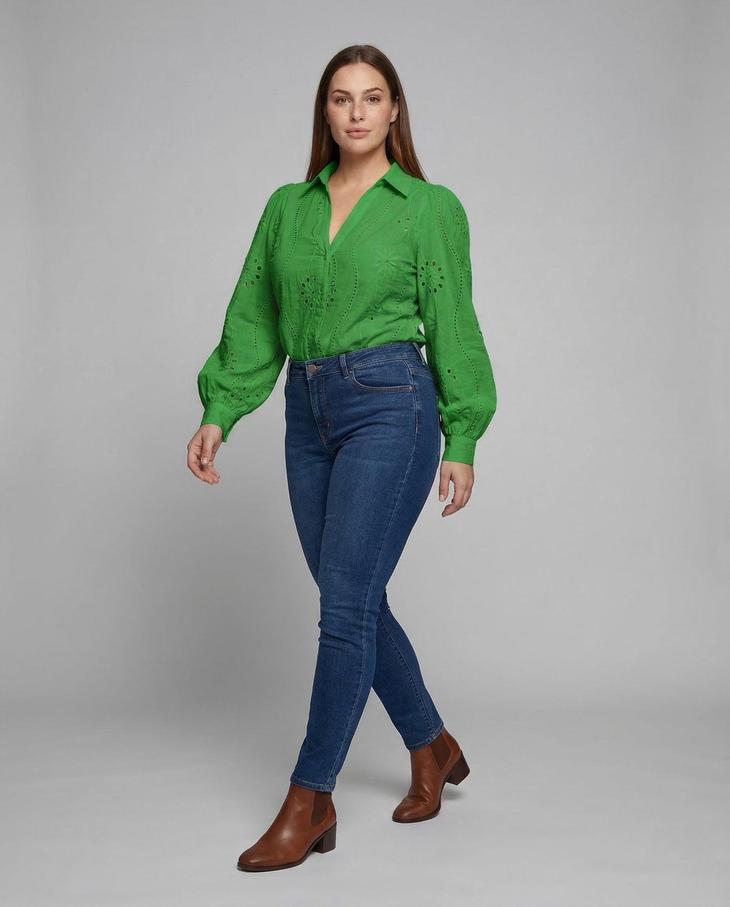 Damen Spitzenbluse Lochstickerei Ballonärmel - Norvielle