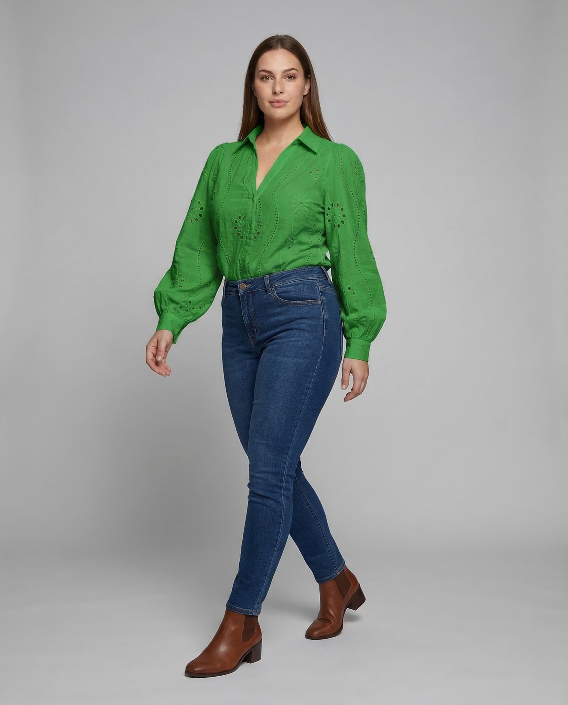 Damen Spitzenbluse Lochstickerei Ballonärmel - Norvielle