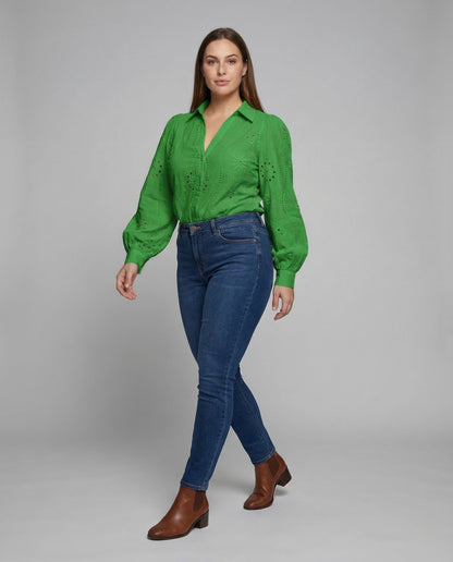 Damen Spitzenbluse Lochstickerei Ballonärmel - Norvielle
