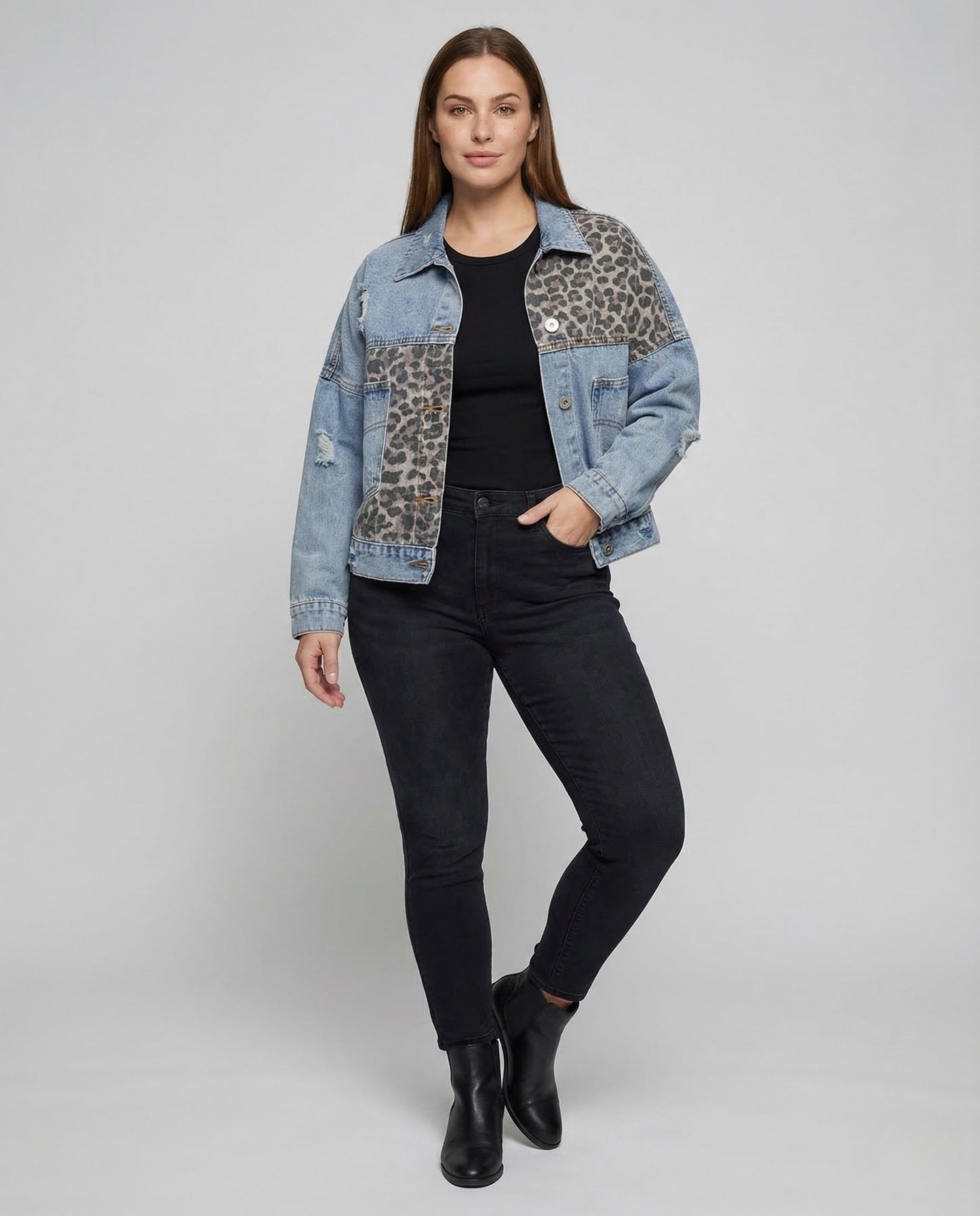 Damen Oversize Jeansjacke Leopardenbesatz Used-Look - Norvielle