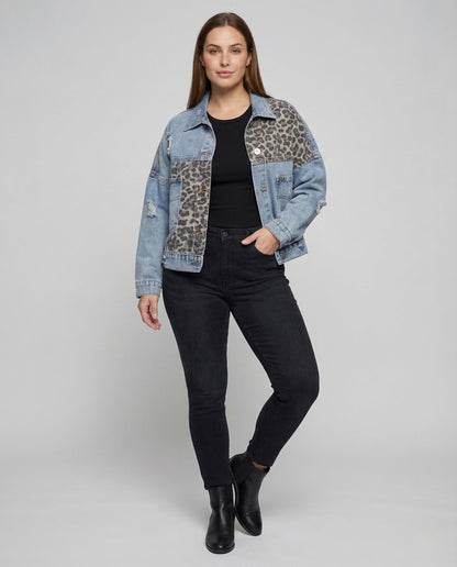 Damen Oversize Jeansjacke Leopardenbesatz Used-Look - Norvielle