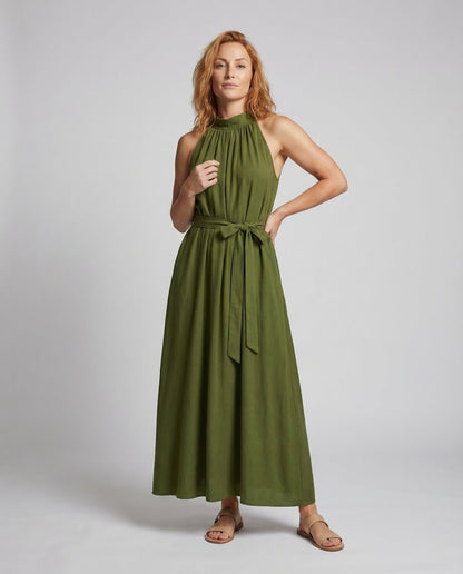 Damen Maxikleid Leinenoptik Stehkragen - Norvielle