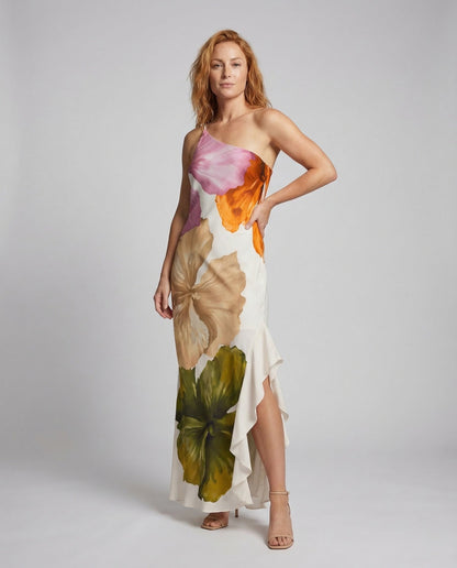 Damen Satin Maxikleid Einseitiger Ausschnitt Schlitz - Norvielle