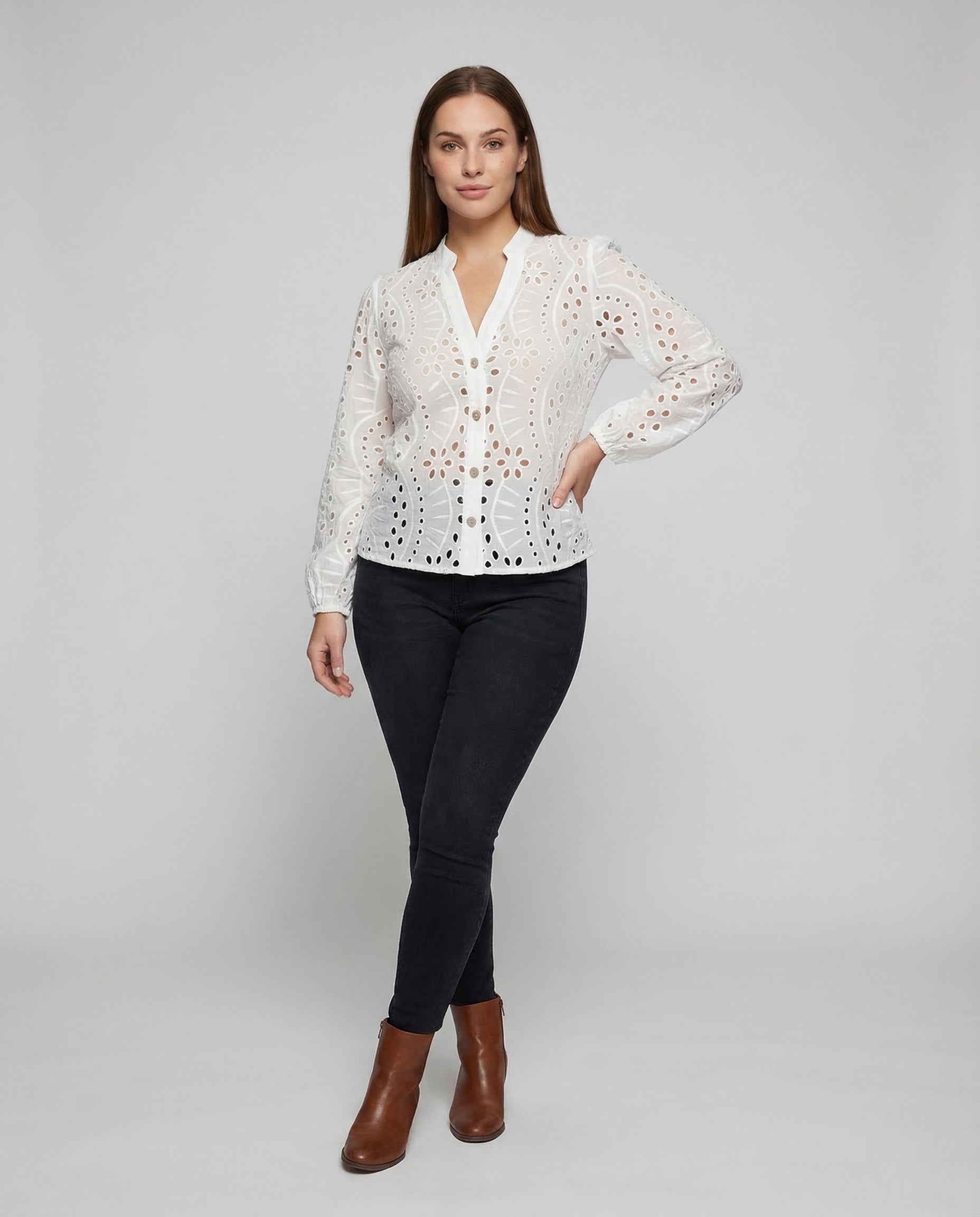 Damen Bluse Lochstickerei Ballonärmel - Norvielle