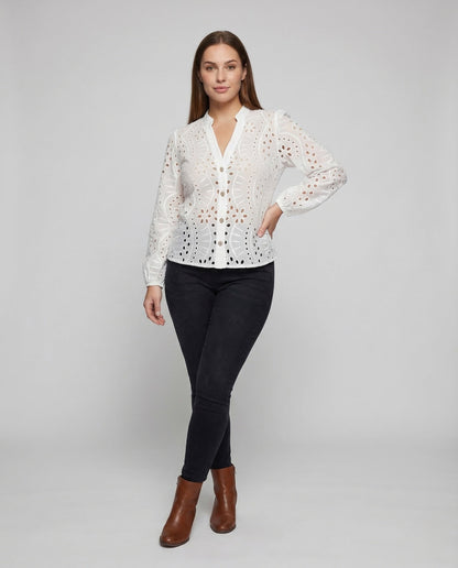 Damen Bluse Lochstickerei Ballonärmel - Norvielle