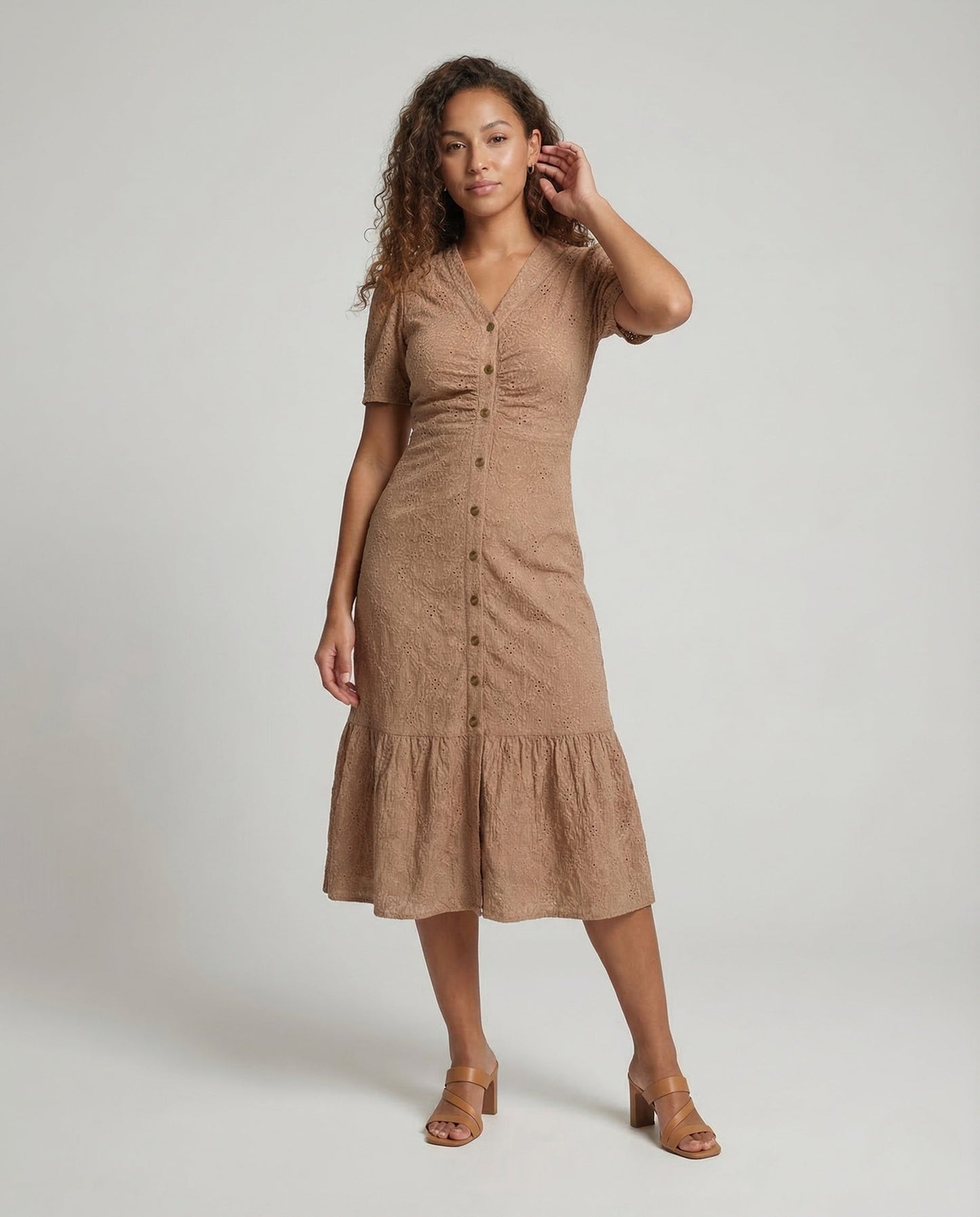 Damen Midikleid mit Lochstickerei und Knopfleiste - Norvielle