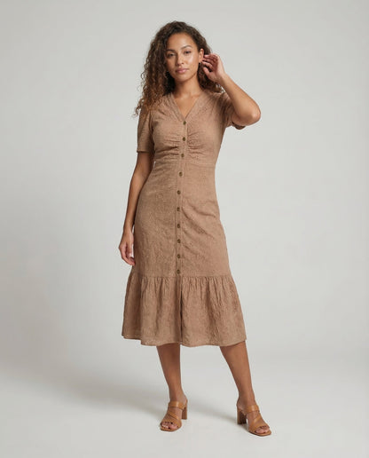 Damen Midikleid mit Lochstickerei und Knopfleiste - Norvielle
