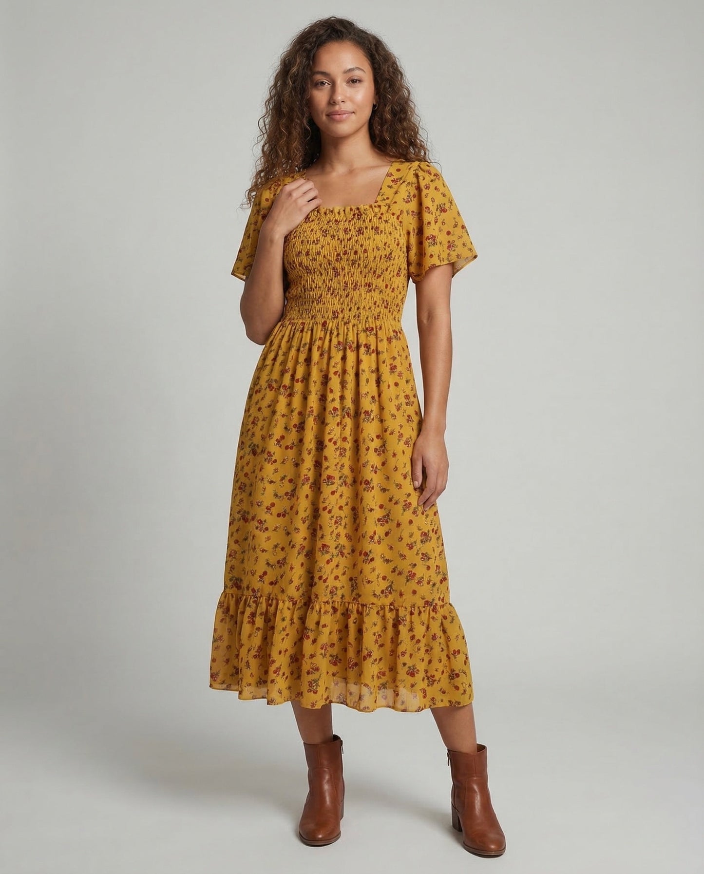 Damen Midikleid mit Puffärmeln und Smockoptik - Norvielle
