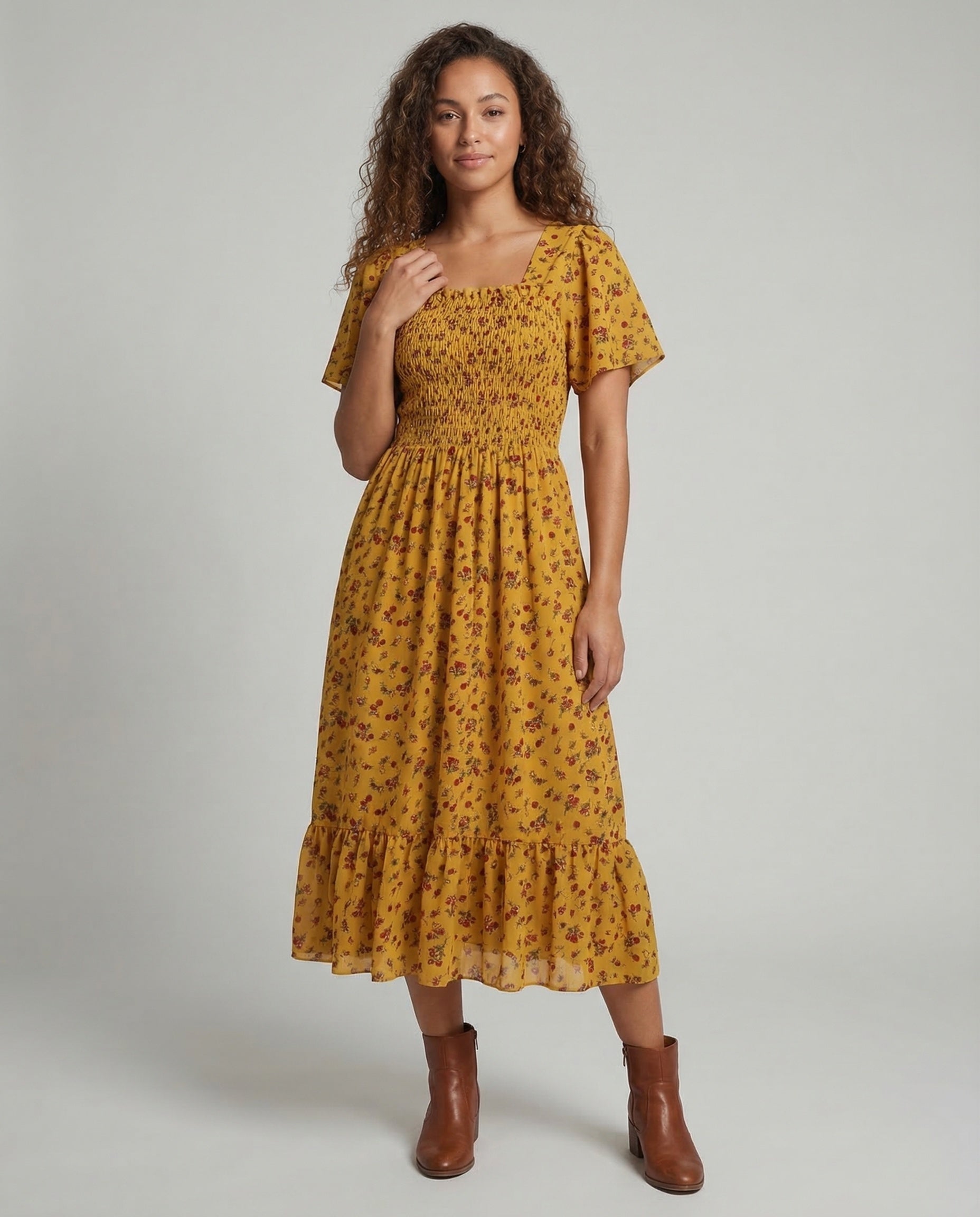 Damen Midikleid mit Puffärmeln und Smockoptik - Norvielle