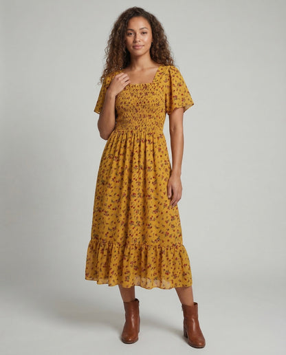 Damen Midikleid mit Puffärmeln und Smockoptik - Norvielle