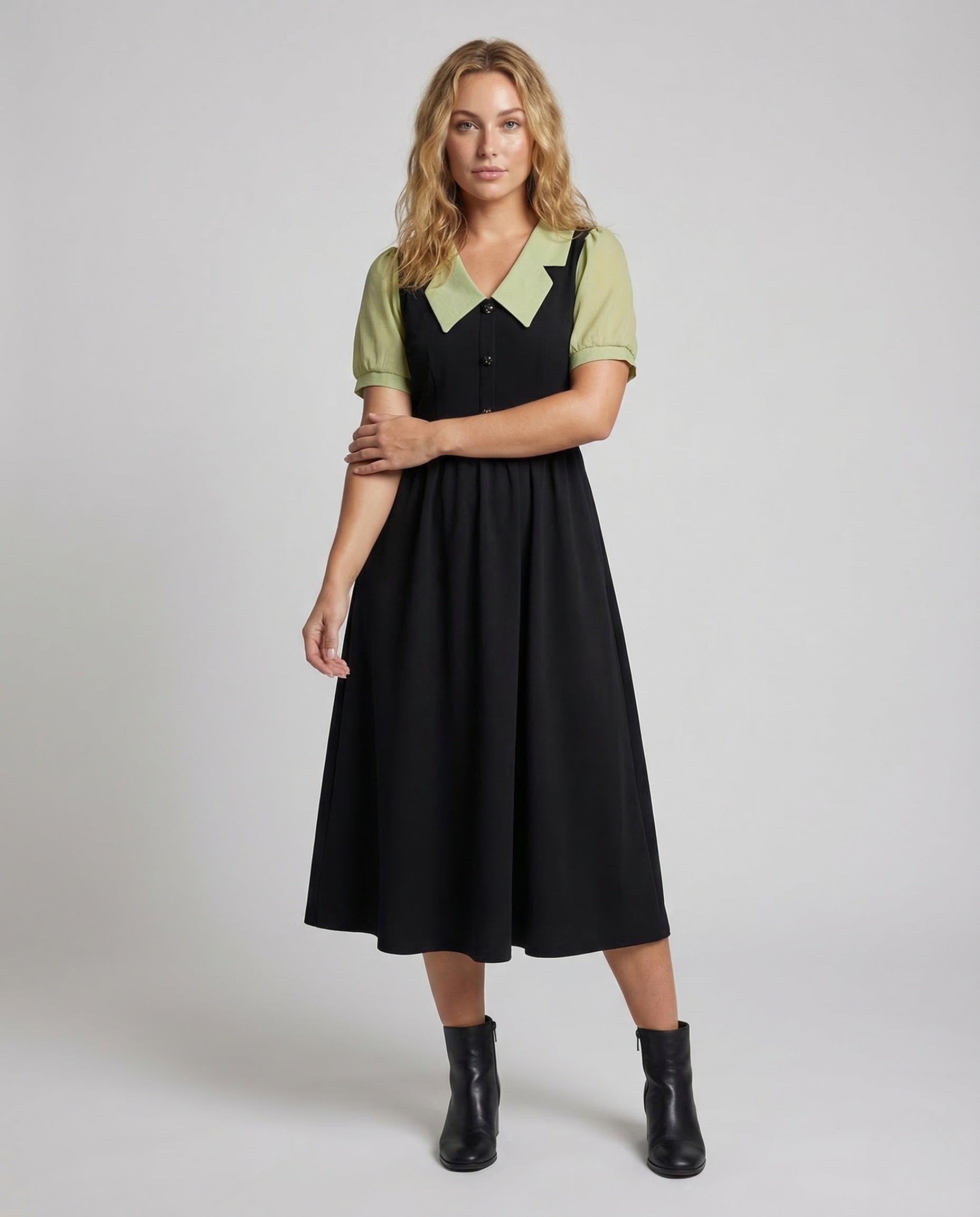 Damen Midikleid mit Reverskragen und Puffärmeln - Norvielle