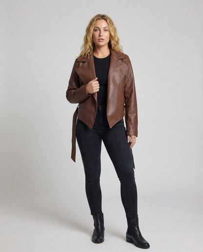 Damen Kunstlederjacke Asymmetrisch Mit Gürtel Schwarz - Norvielle
