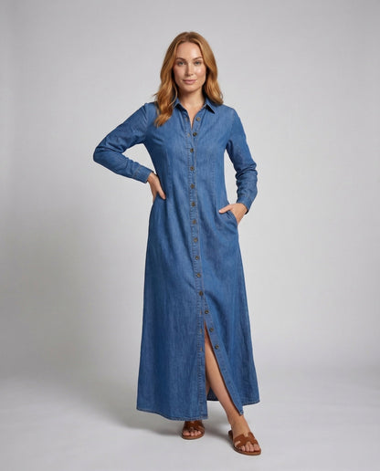 Damen Jeanskleid Lang Hemdblusenstil - Norvielle