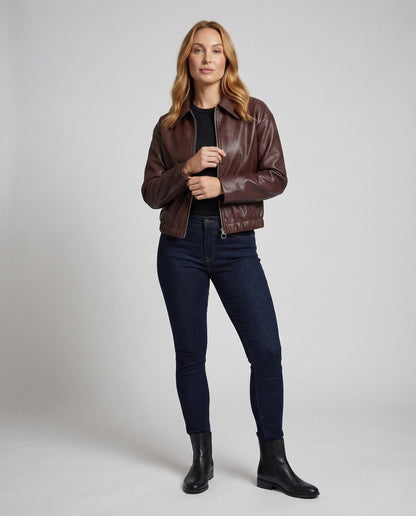 Damen Kunstlederjacke Kurz Kragen Schwarz - Norvielle