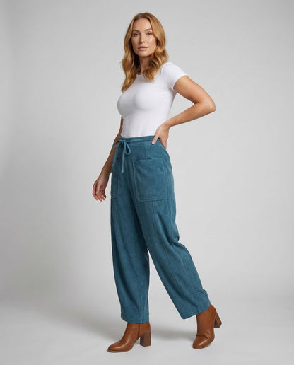 Damen Cordhose Weitbein Elastikbund Schwarz - Norvielle