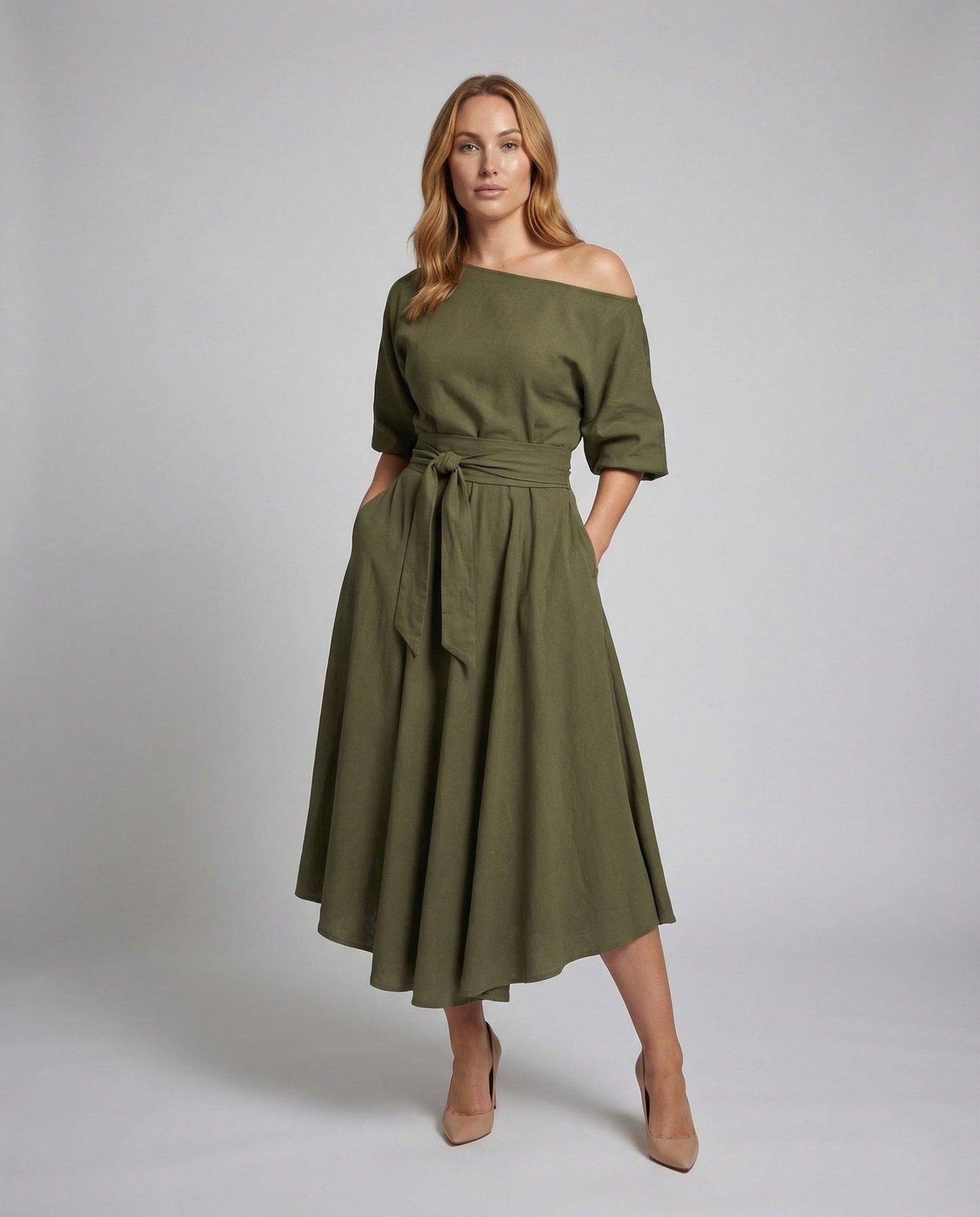 Damen Midikleid Schulterfrei mit Gürtel - Norvielle