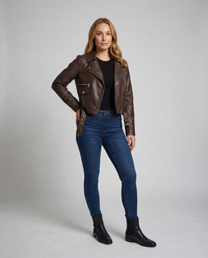 Damen Bikerjacke Vegan Leder Tailliert Schwarz - Norvielle