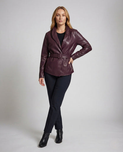 Damen Kunstlederjacke Stehkragen mit Gürtel Schwarz - Norvielle