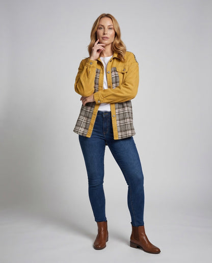 Damen Oversize Jeansjacke mit Karoeinsätzen - Norvielle