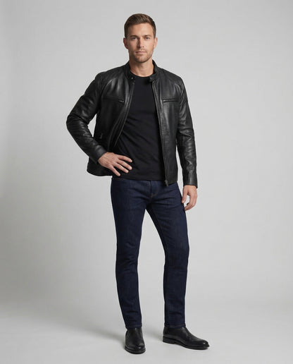 Herren Lederjacke Echtleder Stehkragen Schwarz - Norvielle