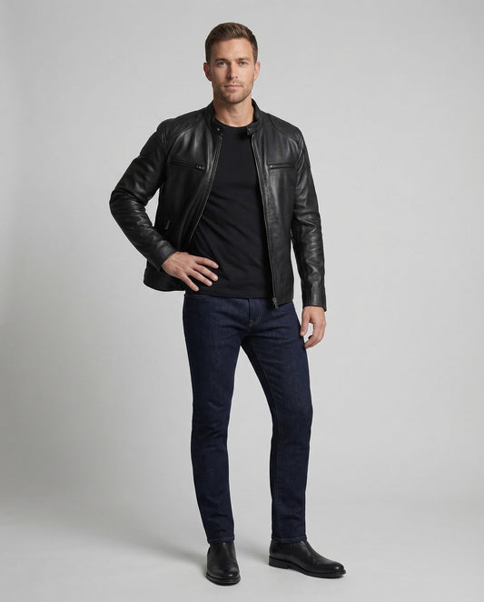 Herren Lederjacke Echtleder Stehkragen Schwarz - Norvielle