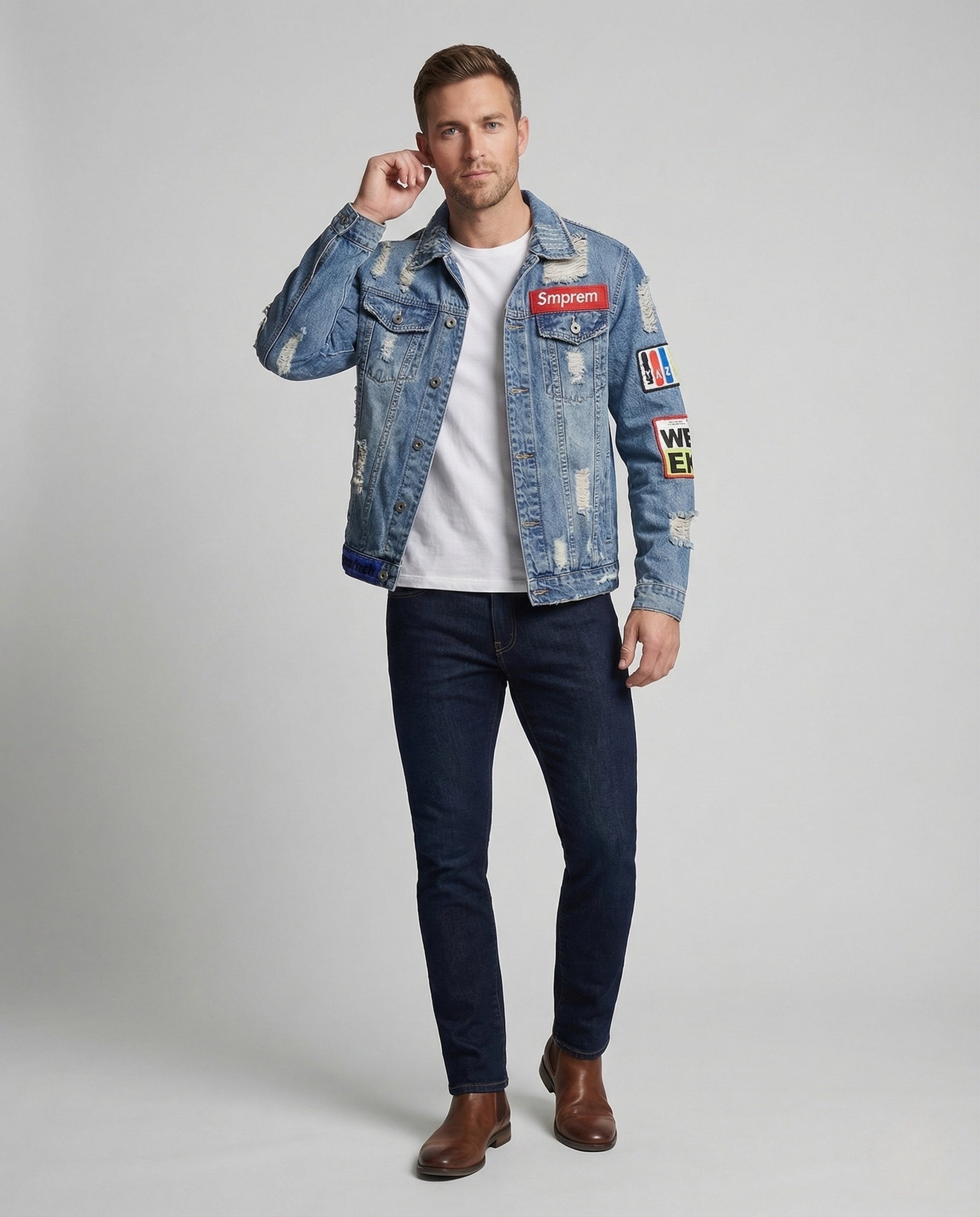 Herren Jeansjacke mit Patches College Style - Norvielle
