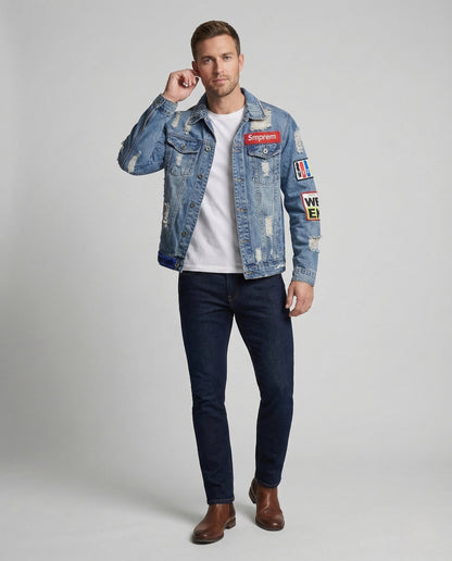 Herren Jeansjacke mit Patches College Style - Norvielle