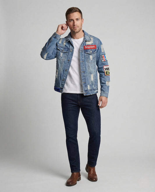 Herren Jeansjacke mit Patches College Style - Norvielle