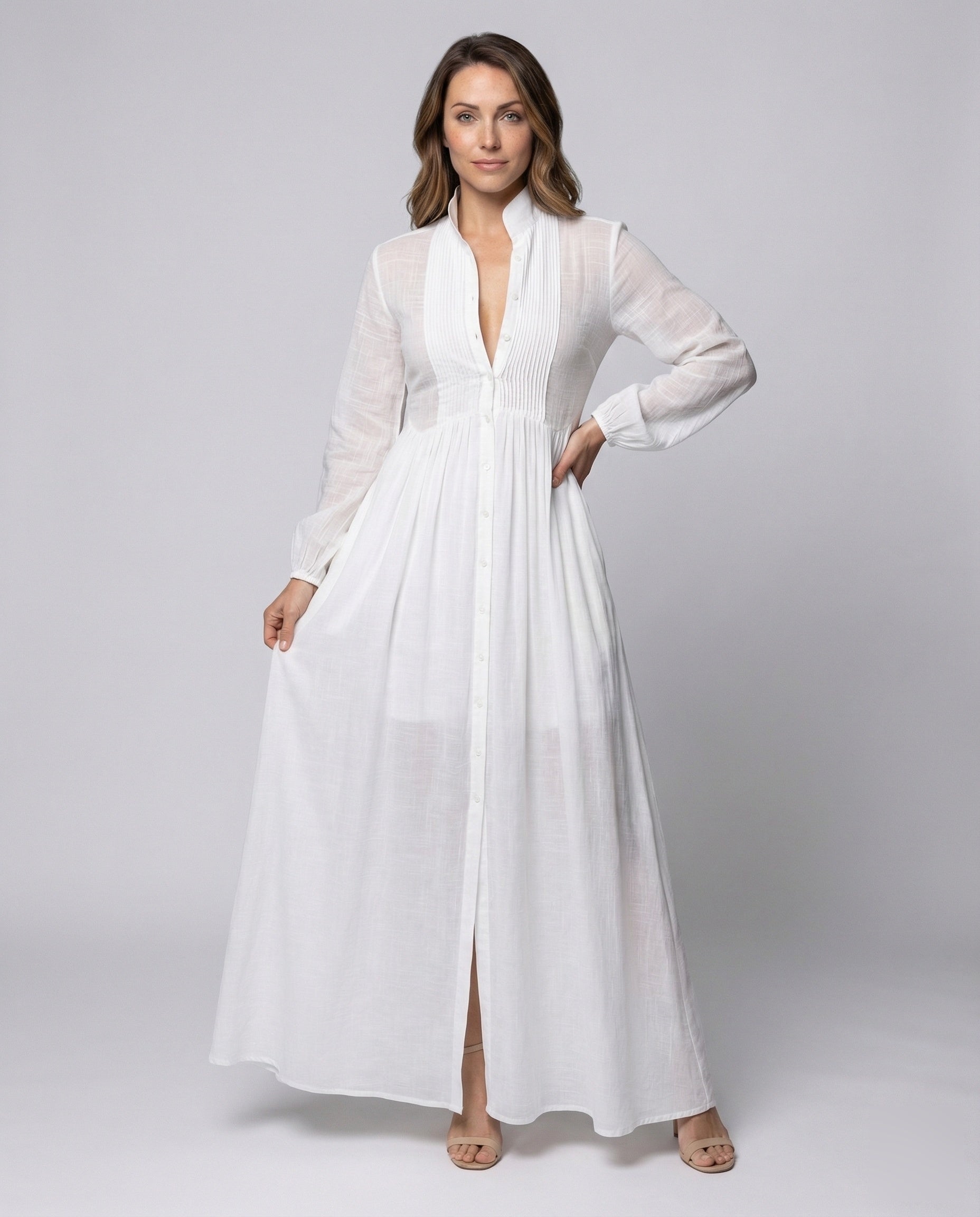 Damen Maxikleid Stehkragen Mit Knöpfen - Norvielle