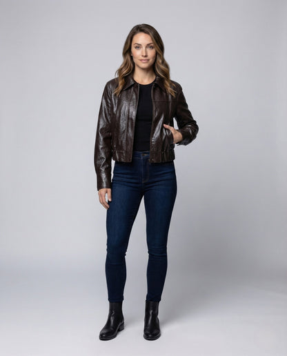 Damen Kunstlederjacke Kurz Mit Tunnelzugbund Schwarz - Norvielle