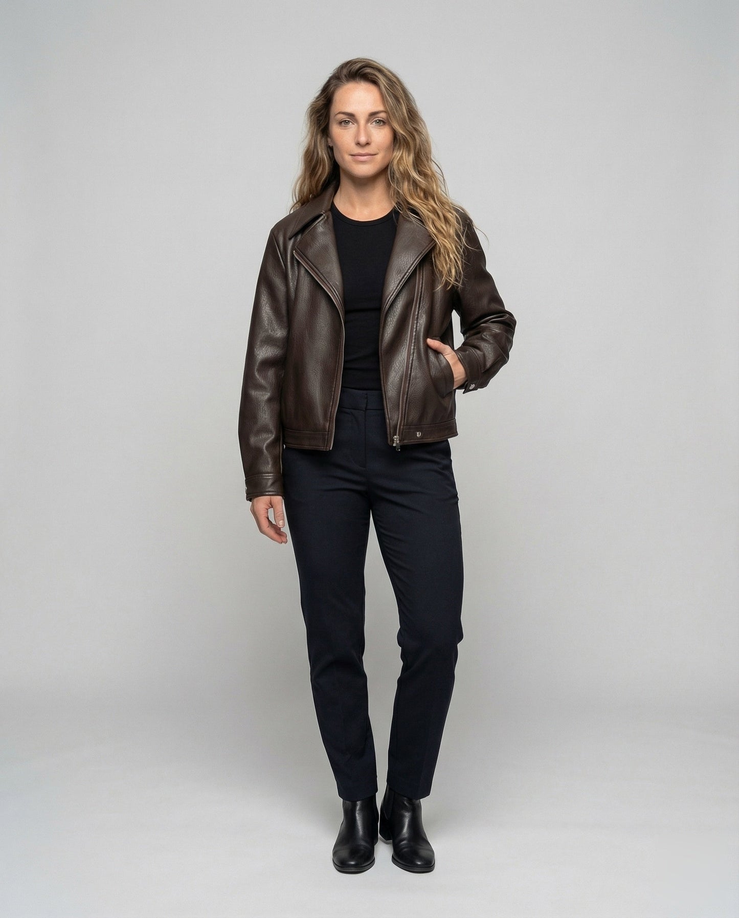Damen Bikerjacke Oversize Kunstleder mit Gürtel Schwarz - Norvielle