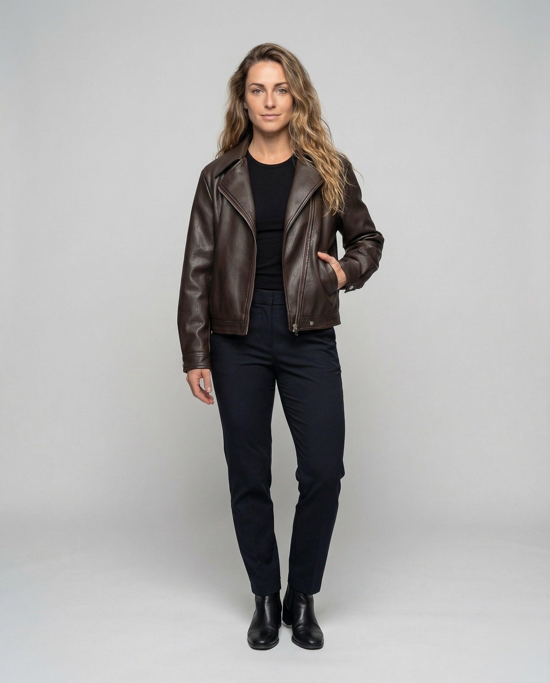 Damen Bikerjacke Oversize Kunstleder mit Gürtel Schwarz - Norvielle