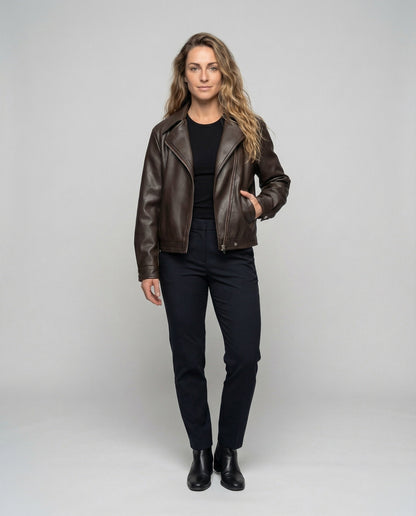 Damen Bikerjacke Oversize Kunstleder mit Gürtel Schwarz - Norvielle