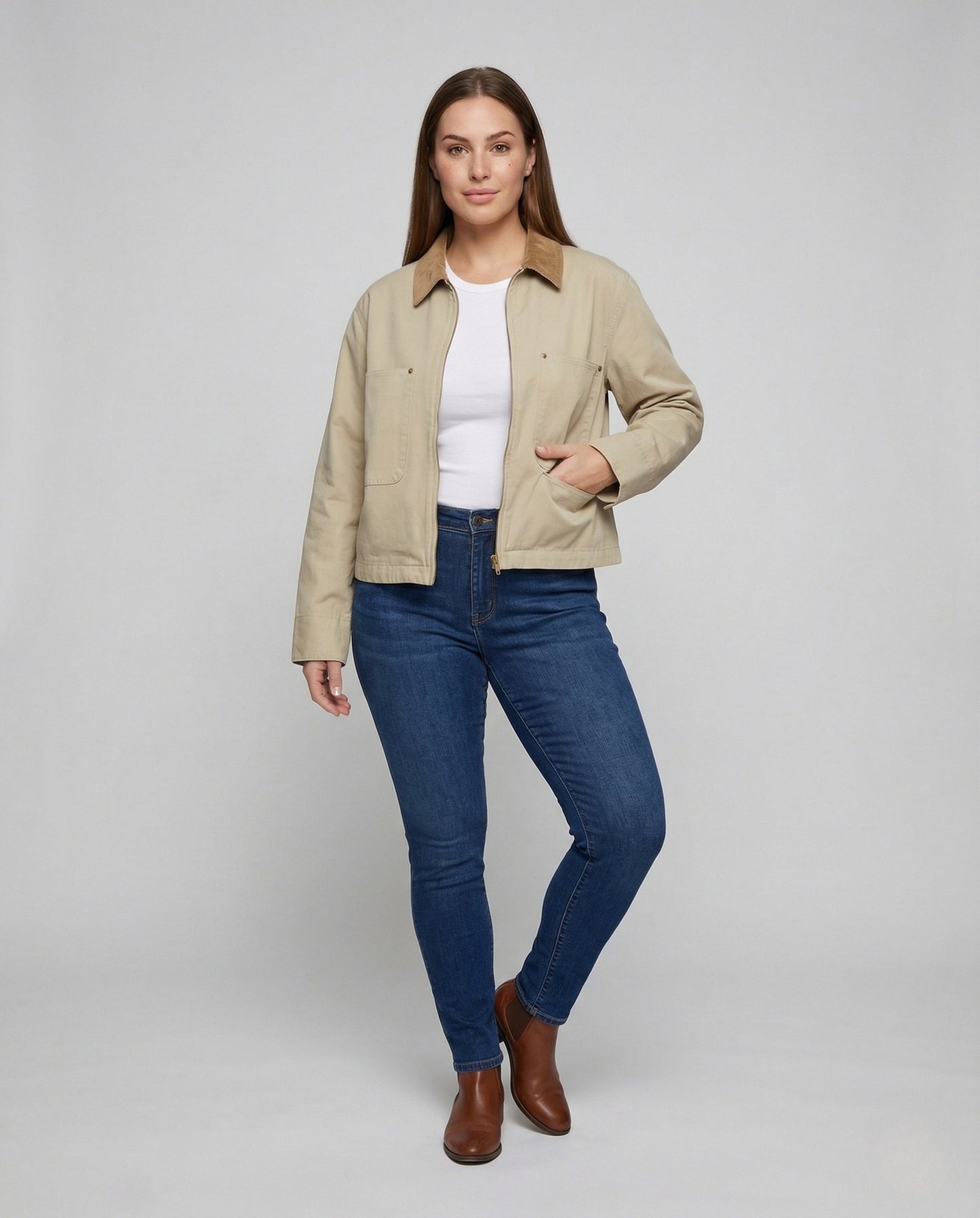 Damen Workerjacke Canvas Cordkragen Beige - Norvielle
