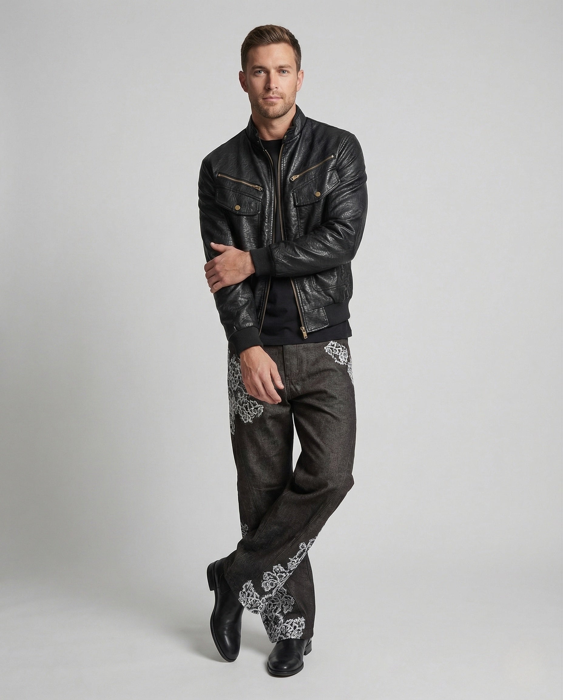 Herren Lederjacke Biker Blouson Stehkragen Schwarz - Norvielle
