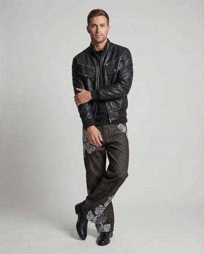 Herren Lederjacke Biker Blouson Stehkragen Schwarz - Norvielle